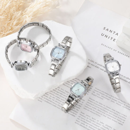 Image de 1 Pièce Montre-bracelet Modulaire à Maillons de Pendentifs Italiens en 304 Acier Inoxydable Argent Mat, Élégant & Décontracté Carré Blanc Unisexe Cadeau 18.5cm long