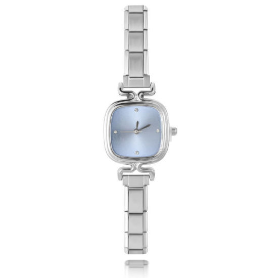 Image de 1 Pièce Montre-bracelet Modulaire à Maillons de Pendentifs Italiens en 304 Acier Inoxydable Argent Mat, Élégant & Décontracté Carré Bleu Ciel Unisexe Cadeau 18.5cm long