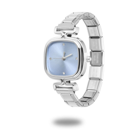 Image de 1 Pièce Montre-bracelet Modulaire à Maillons de Pendentifs Italiens en 304 Acier Inoxydable Argent Mat, Élégant & Décontracté Carré Bleu Ciel Unisexe Cadeau 18.5cm long