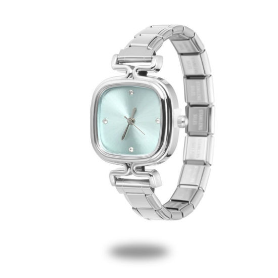 Image de 1 Pièce Montre-bracelet Modulaire à Maillons de Pendentifs Italiens en 304 Acier Inoxydable Argent Mat, Élégant & Décontracté Carré Vert Clair Unisexe Cadeau 18.5cm long