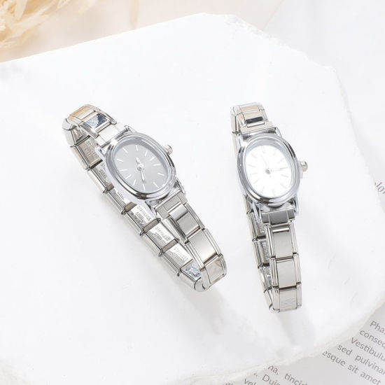 Изображение 1 ШТ 304 Нержавеющая Сталь Серебряный Тон Итальянская модульная наручные часы с чармом, Стильный & Стильный и повседневный Овальные Белый унисекс подарок 18.5см Длина