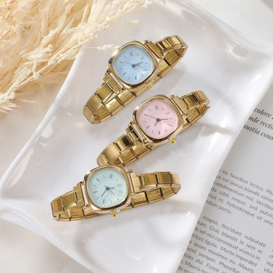 1 個 304ステンレス鋼 おしゃれでカジュアル DIYジュエリーメイキング用のイタリアンチャームリンクウォッチフェイス 金メッキ ピンク 正方形 5.7cmx 3cm、 の画像