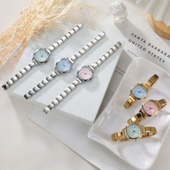 1 個 304ステンレス鋼 おしゃれでカジュアル DIYジュエリーメイキング用のイタリアンチャームリンクウォッチフェイス 金メッキ ピンク 正方形 5.7cmx 3cm、 の画像