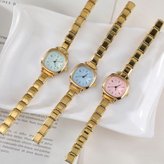 1 個 304ステンレス鋼 おしゃれでカジュアル DIYジュエリーメイキング用のイタリアンチャームリンクウォッチフェイス 金メッキ ピンク 正方形 5.7cmx 3cm、 の画像