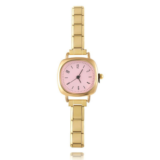 Bild von 1 Strang 304 Edelstahl Vergoldet Modulares Armbanduhr, Stilvoll & lässig Quadrat Rosa Unisex Geschenk 18.5cm lang