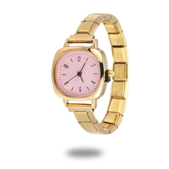 Bild von 1 Strang 304 Edelstahl Vergoldet Modulares Armbanduhr, Stilvoll & lässig Quadrat Rosa Unisex Geschenk 18.5cm lang