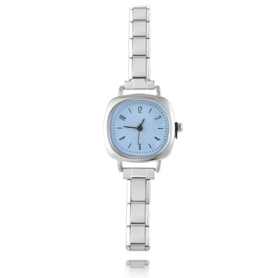 Bild von 1 Strang 304 Edelstahl Silberfarbe Modulares Armbanduhr, Stilvoll & lässig Quadrat Azurblau Unisex Geschenk 18.5cm lang