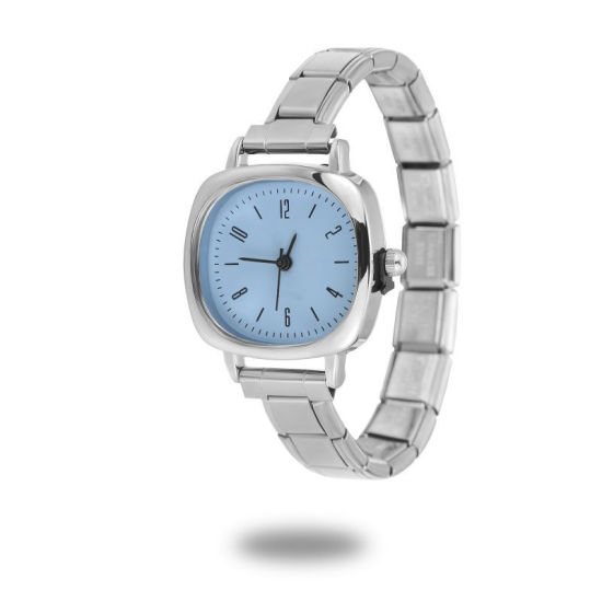 Bild von 1 Strang 304 Edelstahl Silberfarbe Modulares Armbanduhr, Stilvoll & lässig Quadrat Azurblau Unisex Geschenk 18.5cm lang