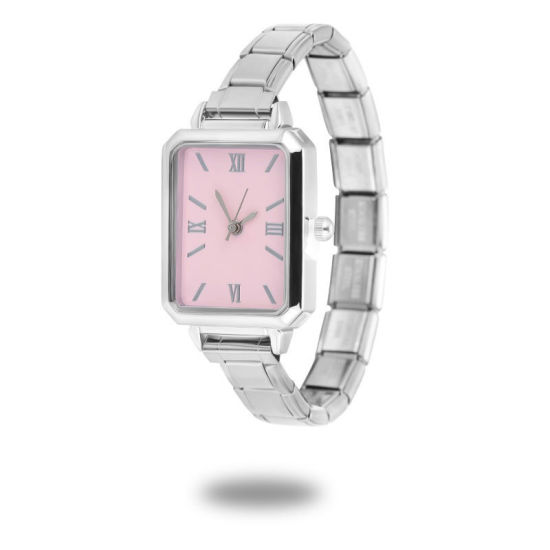 1 本 304ステンレス鋼 シルバートーン イタリアンチャームリンクモジュール式腕時計、 おしゃれでカジュアル 八辺形 ピンク ユニセックス 男女兼用 プレゼント 18.5cm 長さ の画像