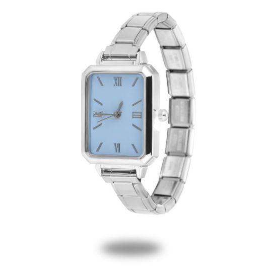 1 本 304ステンレス鋼 シルバートーン イタリアンチャームリンクモジュール式腕時計、 おしゃれでカジュアル 八辺形 空色 ユニセックス 男女兼用 プレゼント 18.5cm 長さ の画像