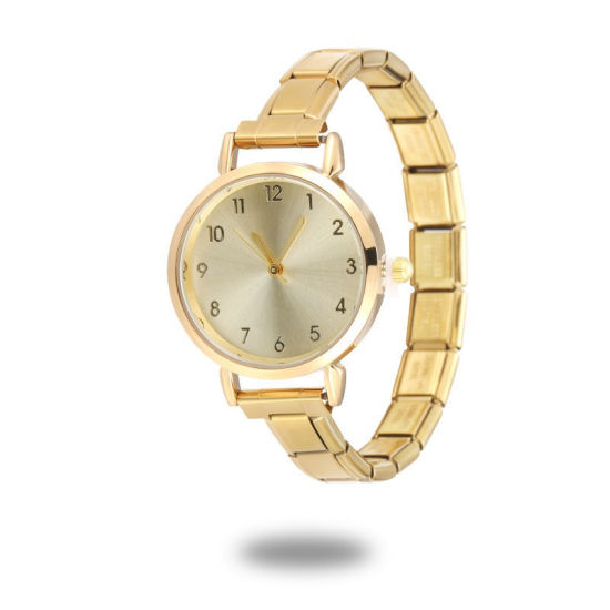 Bild von 1 Strang 304 Edelstahl Vergoldet Modulares Armbanduhr, Stilvoll & lässig Rund Gelb Unisex Geschenk 18.5cm lang