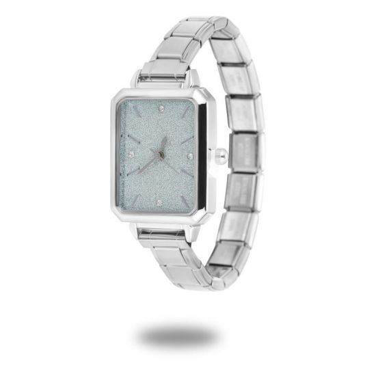 1 本 304ステンレス鋼 シルバートーン イタリアンチャームリンクモジュール式腕時計、 おしゃれでカジュアル 八辺形 青磁色 ユニセックス 男女兼用 プレゼント 18.5cm 長さ の画像