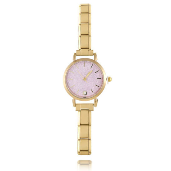 Picture of 1 Piece 304 Stainless Steel Gold Plated Italian Charm Links Modular Wrist Watch, Stylish & Casual Round Pink Unisex Gift 18.5cm(7 2/8") long