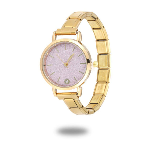 Picture of 1 Piece 304 Stainless Steel Gold Plated Italian Charm Links Modular Wrist Watch, Stylish & Casual Round Pink Unisex Gift 18.5cm(7 2/8") long
