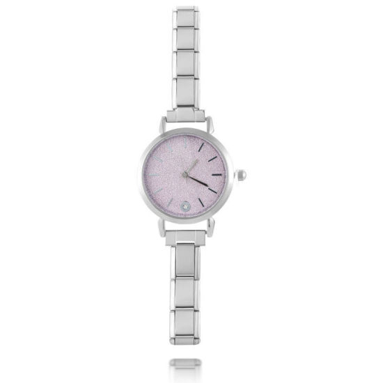Picture of 1 Piece 304 Stainless Steel Silver Tone Italian Charm Links Modular Wrist Watch, Stylish & Casual Round Pink Unisex Gift 18.5cm(7 2/8") long