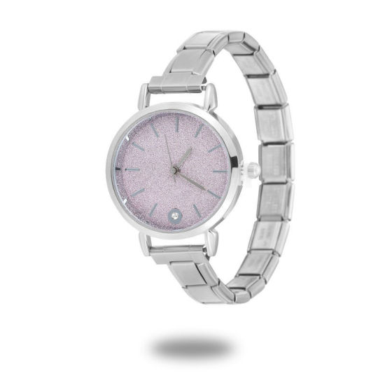 Picture of 1 Piece 304 Stainless Steel Silver Tone Italian Charm Links Modular Wrist Watch, Stylish & Casual Round Pink Unisex Gift 18.5cm(7 2/8") long