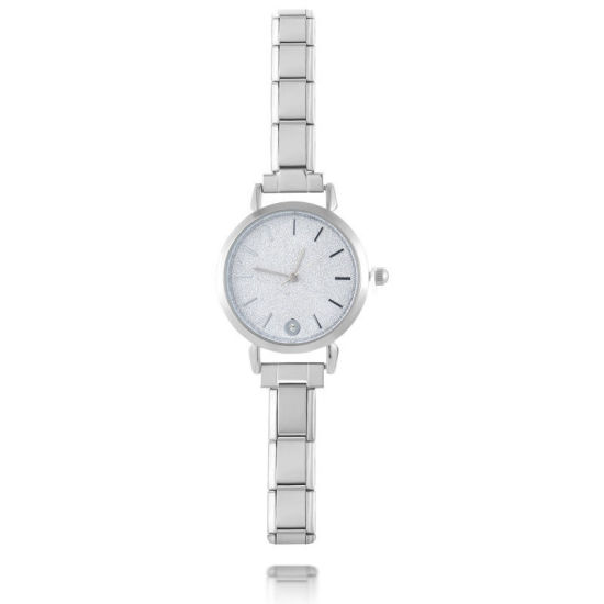 Picture of 1 Piece 304 Stainless Steel Silver Tone Italian Charm Links Modular Wrist Watch, Stylish & Casual Round White Unisex Gift 18.5cm(7 2/8") long