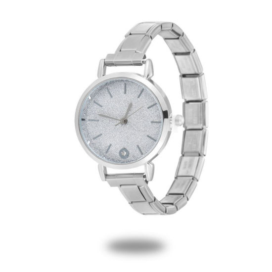 Picture of 1 Piece 304 Stainless Steel Silver Tone Italian Charm Links Modular Wrist Watch, Stylish & Casual Round White Unisex Gift 18.5cm(7 2/8") long