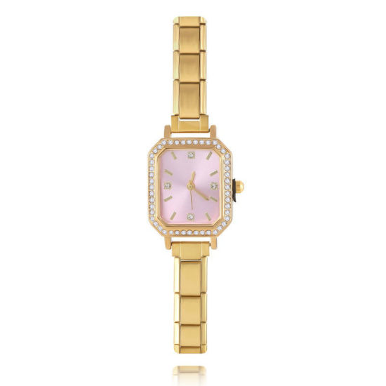 Image de 1 Pièce Montre-bracelet Modulaire à Maillons de Pendentifs Italiens en 304 Acier Inoxydable Doré, Élégant & Décontracté Octogone Rose Unisexe Cadeau 18.5cm long