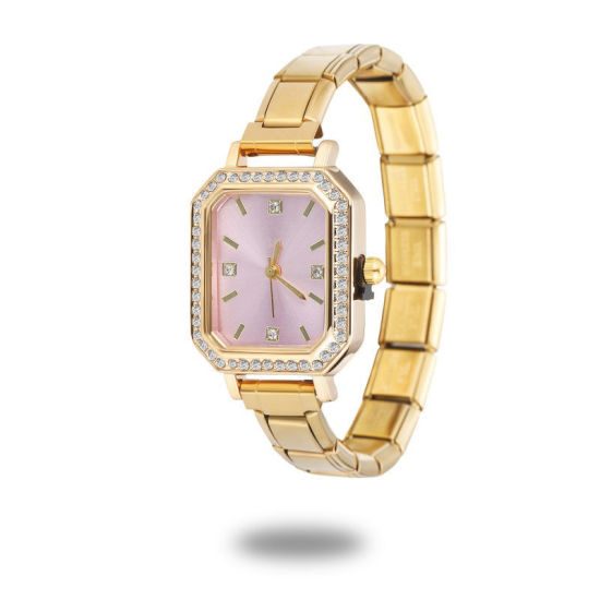 Image de 1 Pièce Montre-bracelet Modulaire à Maillons de Pendentifs Italiens en 304 Acier Inoxydable Doré, Élégant & Décontracté Octogone Rose Unisexe Cadeau 18.5cm long