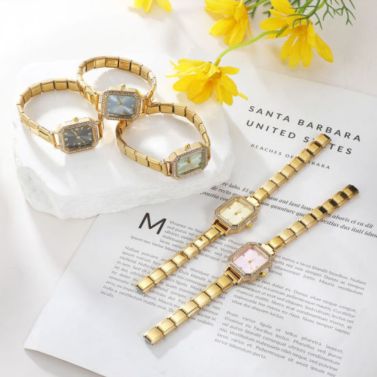 Image de 1 Pièce Montre-bracelet Modulaire à Maillons de Pendentifs Italiens en 304 Acier Inoxydable Doré, Élégant & Décontracté Octogone Rose Unisexe Cadeau 18.5cm long