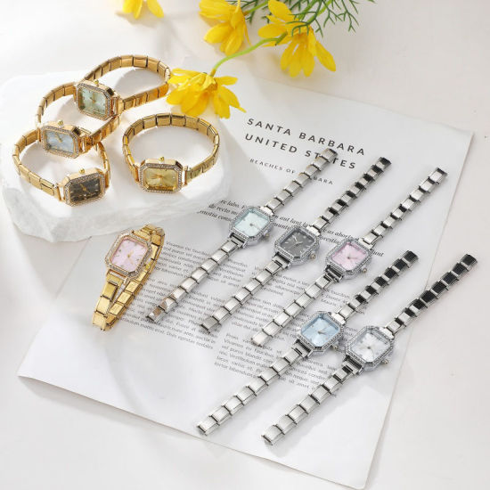 Image de 1 Pièce Montre-bracelet Modulaire à Maillons de Pendentifs Italiens en 304 Acier Inoxydable Doré, Élégant & Décontracté Octogone Rose Unisexe Cadeau 18.5cm long