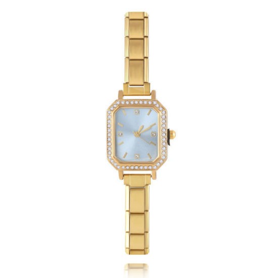 Image de 1 Pièce Montre-bracelet Modulaire à Maillons de Pendentifs Italiens en 304 Acier Inoxydable Doré, Élégant & Décontracté Octogone Bleu Ciel Unisexe Cadeau 18.5cm long