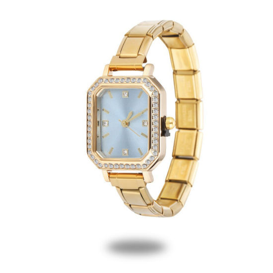 Image de 1 Pièce Montre-bracelet Modulaire à Maillons de Pendentifs Italiens en 304 Acier Inoxydable Doré, Élégant & Décontracté Octogone Bleu Ciel Unisexe Cadeau 18.5cm long