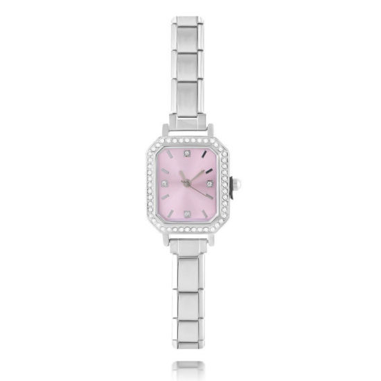 Image de 1 Pièce Montre-bracelet Modulaire à Maillons de Pendentifs Italiens en 304 Acier Inoxydable Argent Mat, Élégant & Décontracté Octogone Rose Unisexe Cadeau 18.5cm long