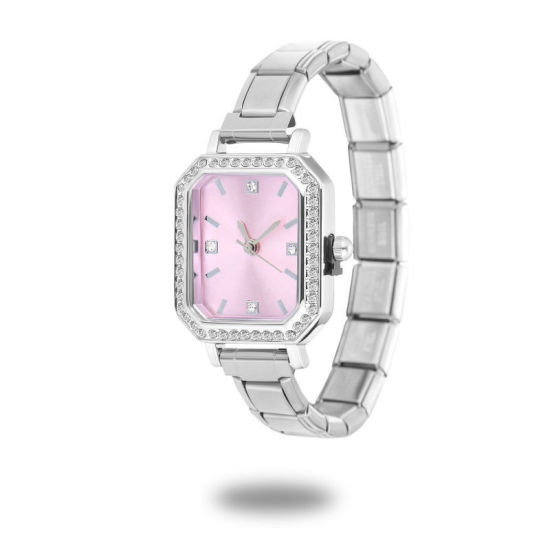Image de 1 Pièce Montre-bracelet Modulaire à Maillons de Pendentifs Italiens en 304 Acier Inoxydable Argent Mat, Élégant & Décontracté Octogone Rose Unisexe Cadeau 18.5cm long