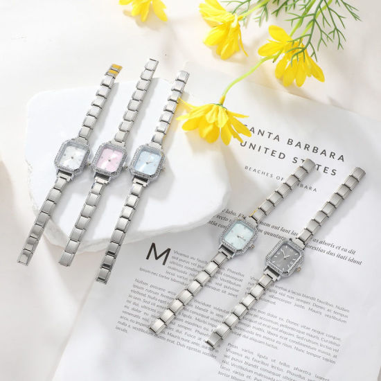 Image de 1 Pièce Montre-bracelet Modulaire à Maillons de Pendentifs Italiens en 304 Acier Inoxydable Argent Mat, Élégant & Décontracté Octogone Rose Unisexe Cadeau 18.5cm long