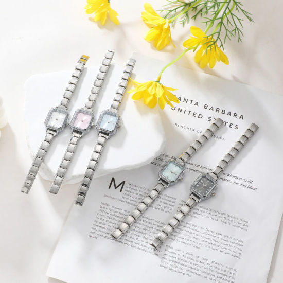 Image de 1 Pièce Montre-bracelet Modulaire à Maillons de Pendentifs Italiens en 304 Acier Inoxydable Argent Mat, Élégant & Décontracté Octogone Rose Unisexe Cadeau 18.5cm long