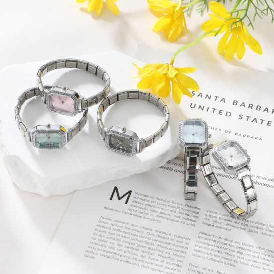 Image de 1 Pièce Montre-bracelet Modulaire à Maillons de Pendentifs Italiens en 304 Acier Inoxydable Argent Mat, Élégant & Décontracté Octogone Rose Unisexe Cadeau 18.5cm long