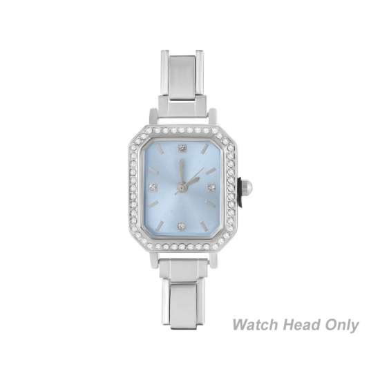 Изображение 1 ШТ 304 Нержавеющая Сталь Стильный & Стильный и повседневный Лицо часов с итальянскими чармами для изготовления украшений своими руками Серебряный Тон Голубой Восьмиугольник Прозрачный Стразы 5.7см x 2.5см
