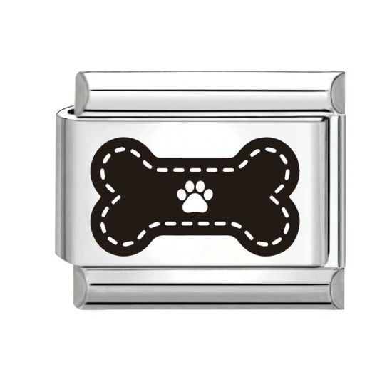 Bild von 1 Stück 304 Edelstahl Charm-Armband mit italienischen Gliedern zur Herstellung von DIY-Schmuck Silberfarbe Schwarz Rechteck Knochen 10mm x 9mm