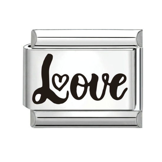 Bild von 1 Stück 304 Edelstahl Charm-Armband mit italienischen Gliedern zur Herstellung von DIY-Schmuck Silberfarbe Schwarz Rechteck Message " LOVE " 10mm x 9mm