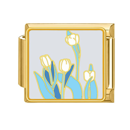 Immagine di 1 Pz 304 Acciaio Inossidabile Bracciale con Charm Italiano a Maglie, Creazione di Gioielli Fai-da-te Oro Placcato Multicolore Rettangolo Fiore del Tulipano 10mm x 9mm