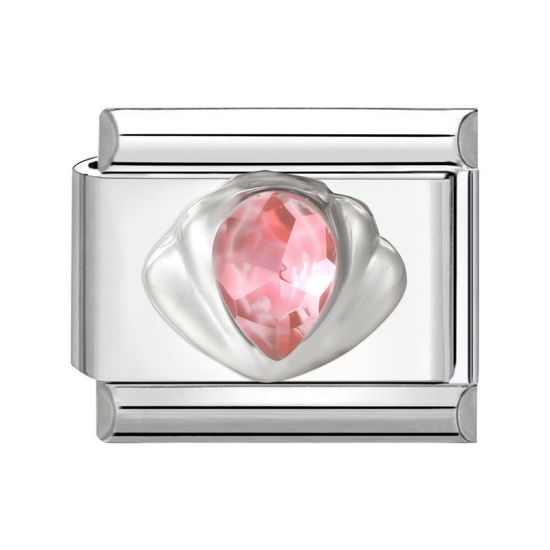 Bild von 1 Stück 304 Edelstahl Charm-Armband mit italienischen Gliedern zur Herstellung von DIY-Schmuck Silberfarbe Rechteck Muschelschale Rosa Strass 10mm x 9mm