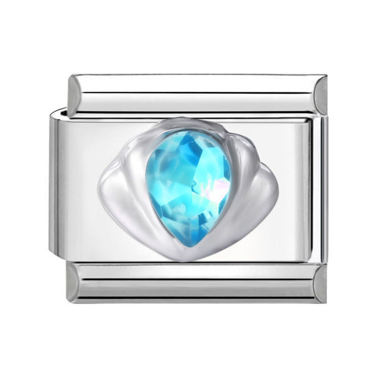 Bild von 1 Stück 304 Edelstahl Charm-Armband mit italienischen Gliedern zur Herstellung von DIY-Schmuck Silberfarbe Rechteck Muschelschale Blau Strass 10mm x 9mm