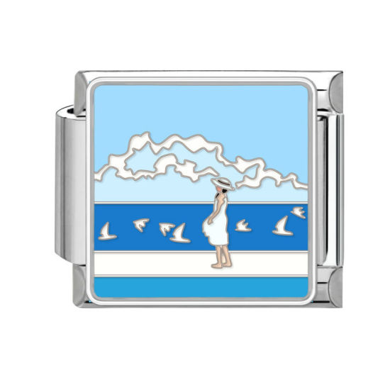 Bild von 1 Stück 304 Edelstahl Charm-Armband mit italienischen Gliedern zur Herstellung von DIY-Schmuck Silberfarbe Blau Rechteck Meer 10mm x 9mm