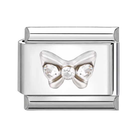 Bild von 1 Stück 304 Edelstahl Charm-Armband mit italienischen Gliedern zur Herstellung von DIY-Schmuck Silberfarbe Rechteck Schleife Transparent Strass 10mm x 9mm