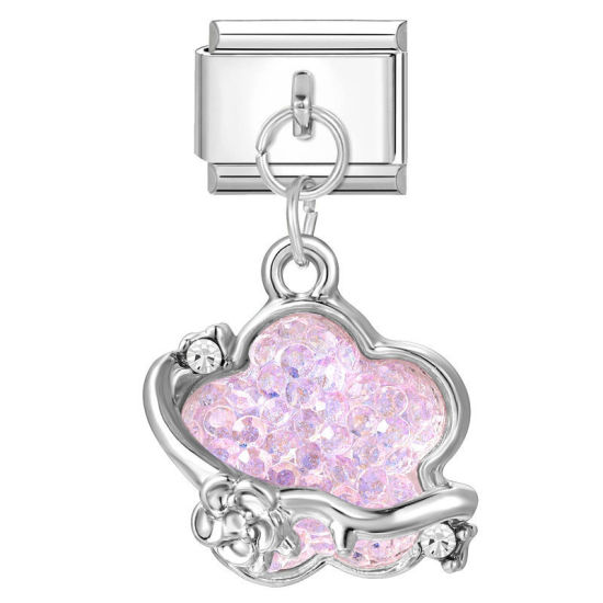Bild von 1 Stück 304 Edelstahl Charm-Armband mit italienischen Gliedern zur Herstellung von DIY-Schmuck Silberfarbe Rosa Rechteck Blumen 10mm x 9mm