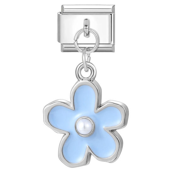 Bild von 1 Stück 304 Edelstahl Charm-Armband mit italienischen Gliedern zur Herstellung von DIY-Schmuck Silberfarbe Blau Rechteck Blumen 10mm x 9mm