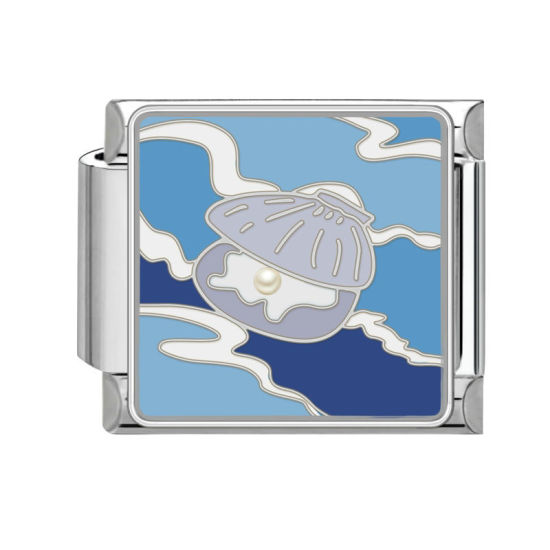 Bild von 1 Stück 304 Edelstahl Charm-Armband mit italienischen Gliedern zur Herstellung von DIY-Schmuck Silberfarbe Blau Rechteck Muschelschale 10mm x 9mm