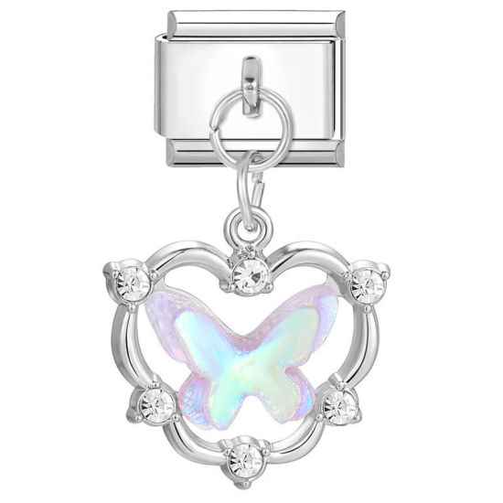 Bild von 1 Stück 304 Edelstahl Charm-Armband mit italienischen Gliedern zur Herstellung von DIY-Schmuck Silberfarbe AB Farbe Rechteck Schmetterling 10mm x 9mm