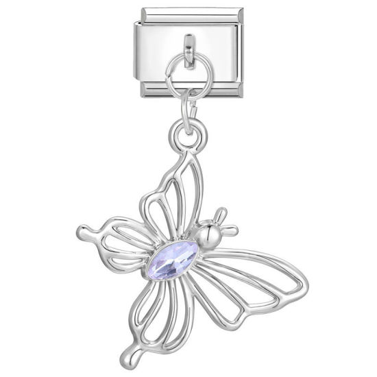 Bild von 1 Stück 304 Edelstahl Charm-Armband mit italienischen Gliedern zur Herstellung von DIY-Schmuck Silberfarbe Rechteck Schmetterling 10mm x 9mm
