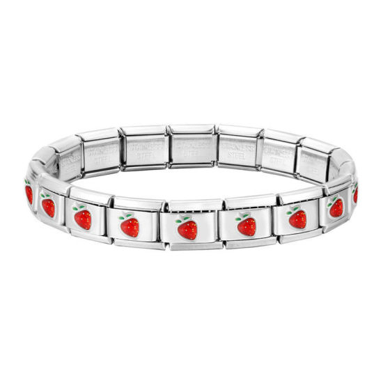 Image de 1 Pièce Bracelets Modulaires à Maillons de Pendentifs Italiens Mignon en 304 Acier Inoxydable Argent Mat Rouge Fraises Détachable 18cm long