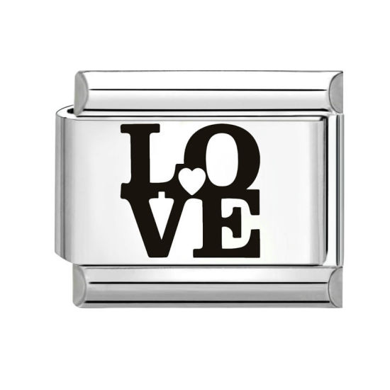 Bild von 1 Stück 304 Edelstahl Charm-Armband mit italienischen Gliedern zur Herstellung von DIY-Schmuck Silberfarbe Schwarz Rechteck Message " LOVE " 10mm x 9mm