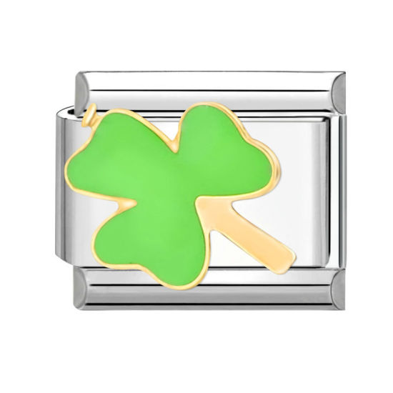 Bild von 1 Stück 304 Edelstahl Charm-Armband mit italienischen Gliedern zur Herstellung von DIY-Schmuck Silberfarbe Grün Rechteck Klee 10mm x 9mm