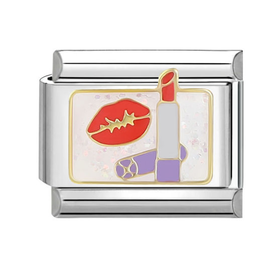 Bild von 1 Stück 304 Edelstahl Charm-Armband mit italienischen Gliedern zur Herstellung von DIY-Schmuck Silberfarbe Bunt Rechteck Lippenstift 10mm x 9mm